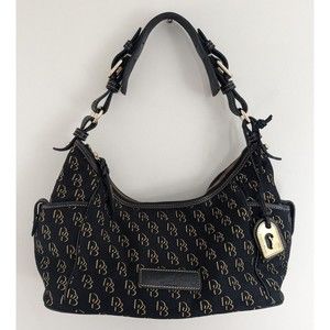 Dooney & Bourke DB Woven Fabric Leather Trim Hobo Shoulder Handbag Black Gold